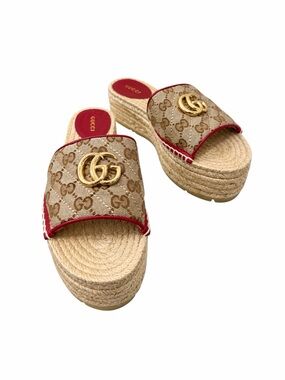 Gucci GG Canvas Platform Espadrille Slide Sandals Beige Red GG Logo EU 37.5